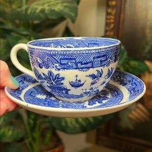 RARE Antique Allertons England Blue Willow Blue and White Tea Cup and Saucer
